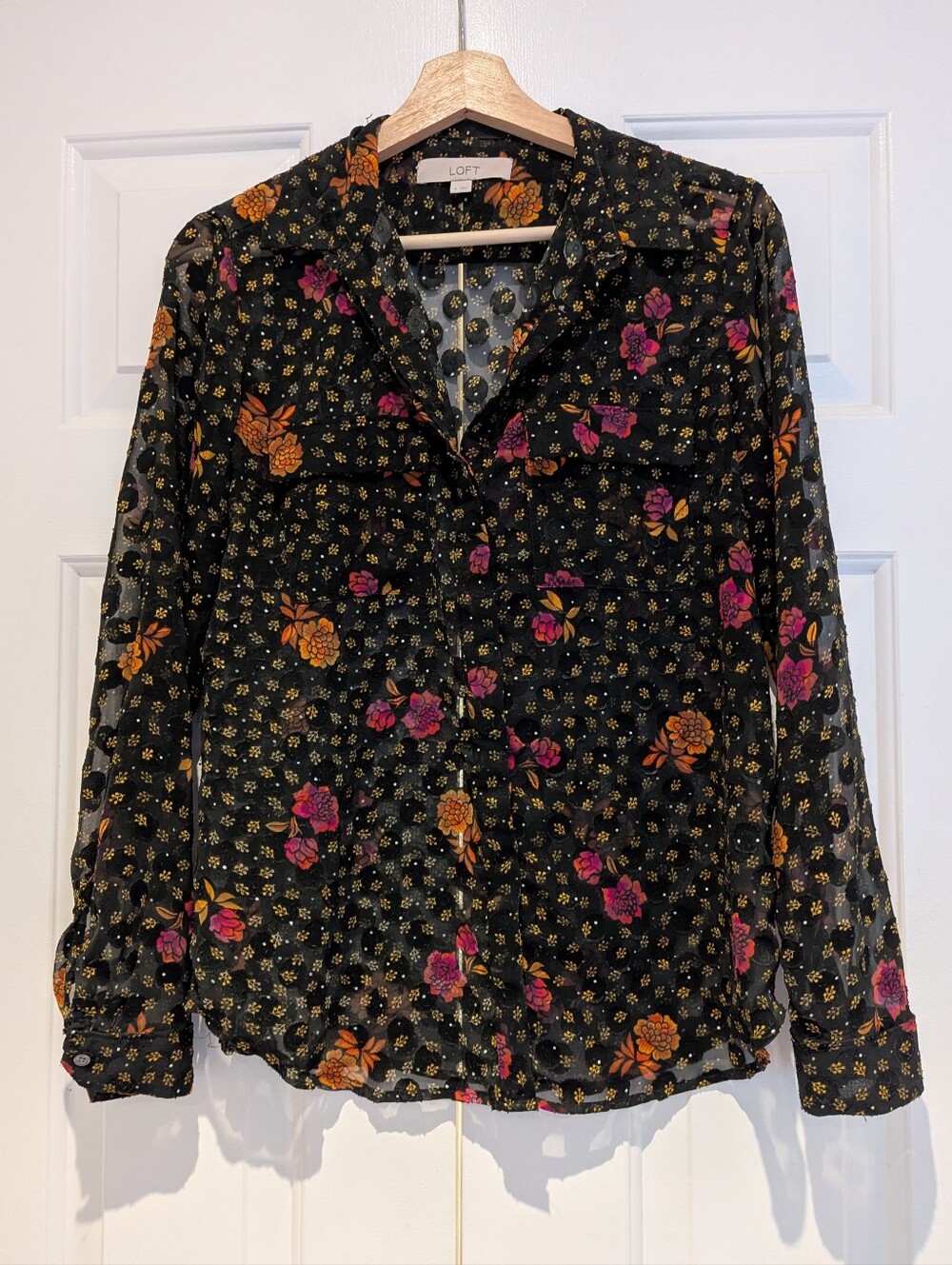 LOFT Black Polka Dot Floral Print Sheer Blouse Shirt Maximalist Whimsigoth S/M